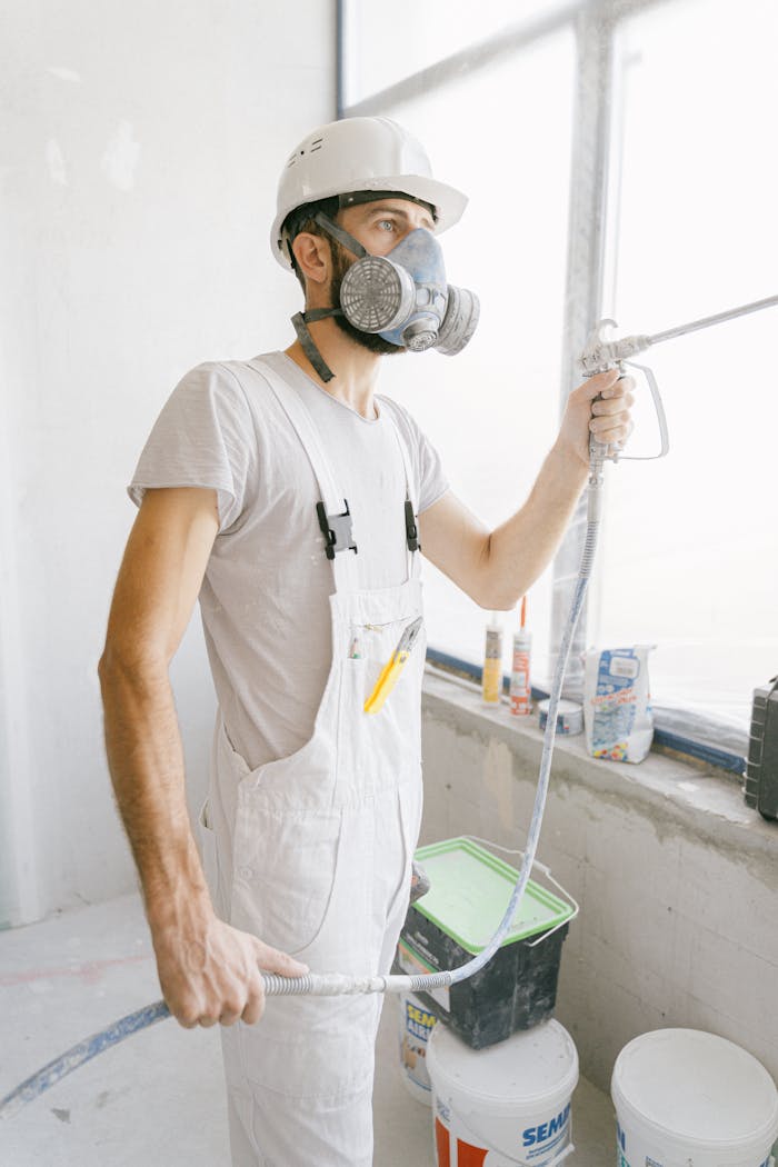 Construction worker wearing safety gear and painting indoors.