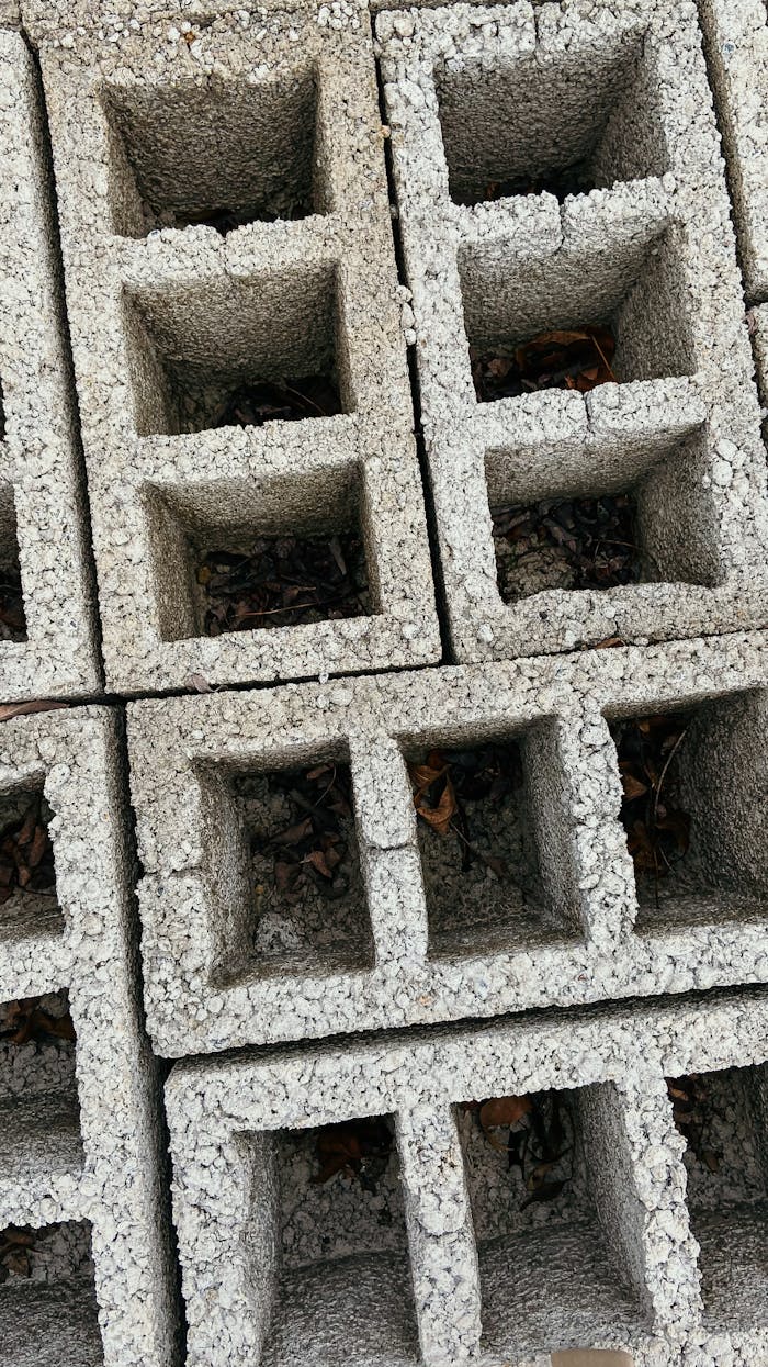 Detailed view of stacked concrete blocks showcasing texture and pattern, perfect for construction themes.